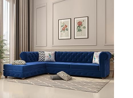 Image of Solid Wood Velvet Fabric L Shape Sofa Sofa for Living Room Button Tufted Sofa Chair for Home & Office (Left Aligned L-Shaped (Right Aligned L-Shaped Blue)