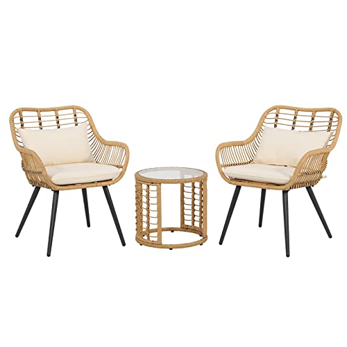 JOIVI 3 Piece Patio Bistro Set, Wicker Outdoor Patio Set with Enhanced Comfort Seating, Round Glass Top Coffee Side Table, Patio Rattan Conversation Set for Balcony, Lawn, Garden, Backyard, White