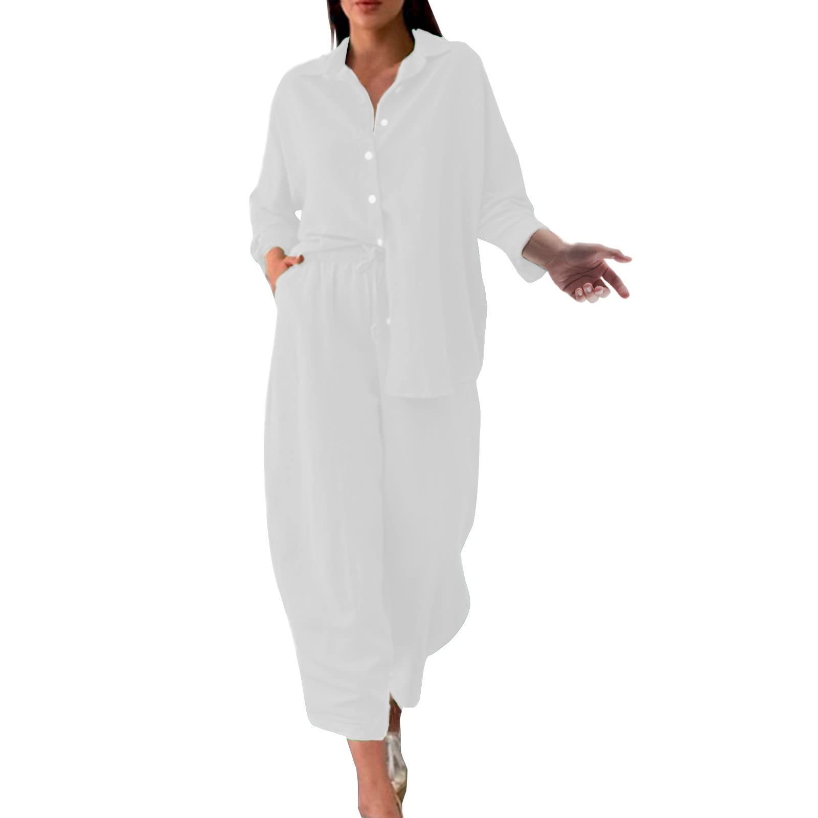 ADMAY Conjunto de dos piezas de Leggins Deportivos Conjunto de Vestido de Mujer de 2 Piezas Retro Tamaño de Algodón y Camisa, Pantalones de Cintura Alta, Pantalones de Manga Larga con Pantalones