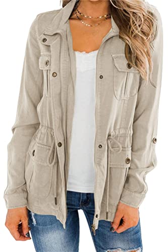 Tomwell Veste Femme Militaire Blouson Parka pour Femme Mi-Saison Manteau Court Casual Zipper Jacket Poches Utility Jacket Automne Hiver Veste Manteau Outwear D Beige XL