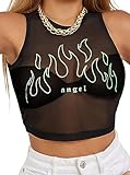 CSDAJIO Women's Fire and Letter Print Sheer Mesh Crop Tank Top Sleeveless See Through Shirt Sexy Going Out Clubwear Green Fire Black Large