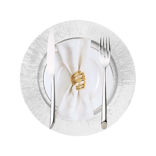 50 Pieces Charger Plates Set Bulk, Round Charger Plates, Plastic Decorative Charger Plates, Reusable Serving Plates, Elegant Wedding Decorative Chargers Plates for Party Event Holidays Decor (Silver)