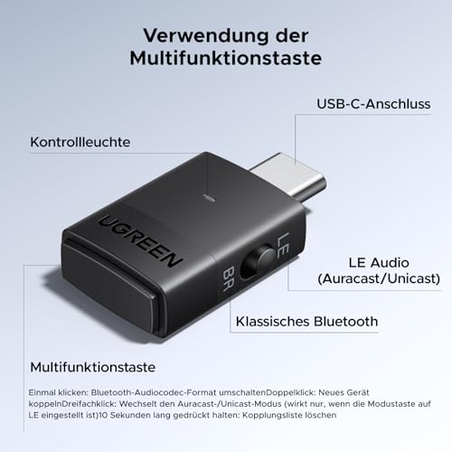 UGREEN LE Audio USB-C Bluetooth 6.0 Adapter Audioerlebnis mit geringer Latenz Dank 3 Bluetooth-Modi unterstützt den Eins-zu-Mehr-Übertragungsmodus für Computer und PS5-Spielkonsolen