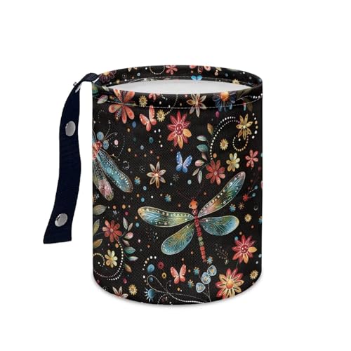 Image of Renewold Floral Dragonfly Butterflies Car Trash Can Automotive Interior Accessories Button Design Trash Bin for Car Garbage Can Gift for Women Men Storage Bag for Picnic Beach Home Office Waterproof