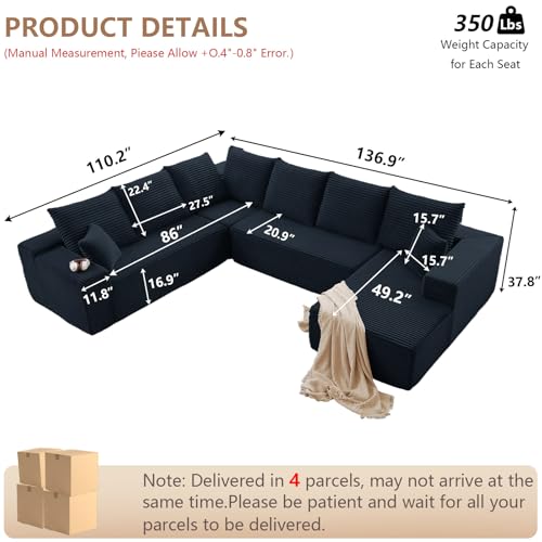 Image of Modern Modular Sectional Sofa, Big Comfy Corduroy Cloud Couch with Deep Seat, Boneless Couch Upholstered 6-Seater U-Shaped Sofa for Living Room, No Assembly Required (Black, Right-Facing Chaise)