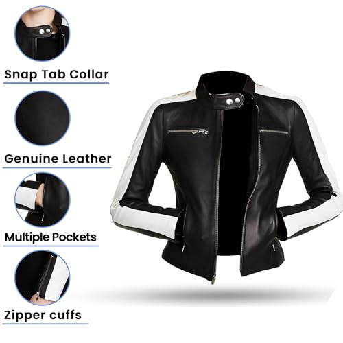 Women's Café Racer White Sleeve Stripe Motorcycle Slim Biker Black Leather Jacket2