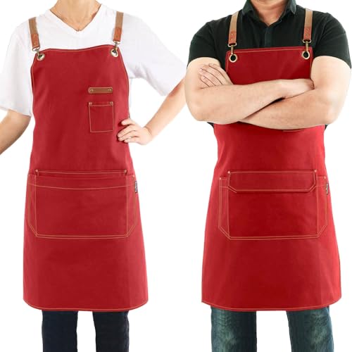 Magimate Canvas Apron with Pockets and Cross-back Straps for Chef Kitchen Cooking BBQ, Barista Bartender Barber Shop and Art Gardening Work Professional Aprons - Red