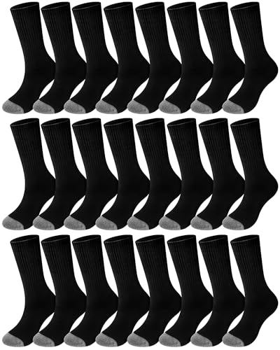 24 Pack Men's Cotton Athletic Crew Socks Bulk Full Cushioned Work Breathable Black Athletic Sports Socks for Men
