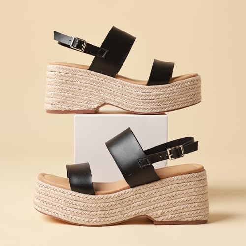 Image of EQAUDES Platform Sandals Women Open Toe Ankle Strap Summer Wedge Espadrille Sandals Cute Beach Straw Raffia Woven Sandals Comfortable Vacation Dress Shoes