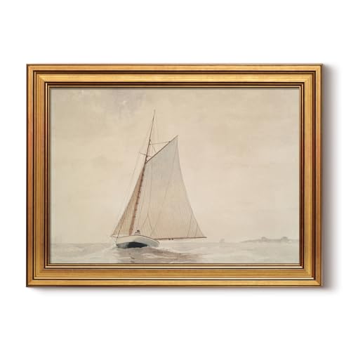Image of HUARCEY Gold Framed Vintage Wall Art for Living Room, Seaview Painting Prints Shelf Decor for Kitchen, Aesthetic Bedroom Wall Art, Christmas Gifts for Friends or Family (White Sailboat - 12 inchx16 inch)