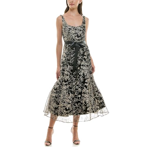 Image of Maison Tara Women's Sleeveless Scoop Neck Embroidered Mesh Party Midi Dress
