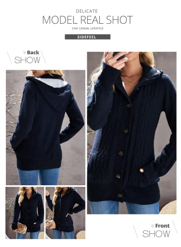 Sidefeel Women's Cardigan Hooded Fleece Lined Jackets Winter Cable Knit Sweater Coat Small Navy - Thumbnail 4