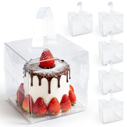 6PCS 6x6x5Inch Clear Cake Boxes - RAINFLOW Mini Clear Gift Box with Portable Carry Handle & Boards,Transparent Treat Boxes Hold Cake,Donut,Pastries,Cookies for Wedding, Birthday, Christmas, Party