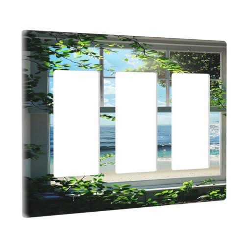 Decorative Outlet Covers Window Beach Seascape View Green Leaves 3 Gang Wall Plate Triple Rocker Light Switch Cover Plate Jumbo Electrical GFCI Faceplate for Bedroom Bathroom Decor