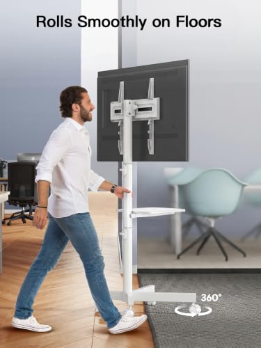 Image of PERLESMITH Rolling White TV Stand for 23-65 Inch TVs up to 99 lbs, Portable TV Stand on Wheels with Height Adjustable Shelf, Outdoor Mobile White TV Cart for Bedroom, Max VESA 400x400mm, PSTVMC04W
