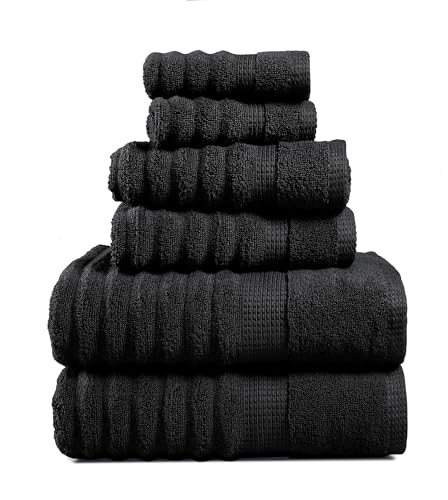 LANE LINEN Zero Twist Cotton Bath Towels - 6 Piece Set - Super Soft, Hotel Quality - 2 Bath, 2 Washcloth, 2 Hand Towels for Bathroom - Classy Look, Gentle on Skin, Ideal for Spa & Daily Use - Black