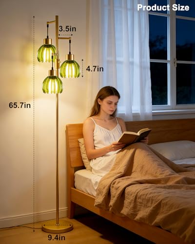 Image of Lightdot 65'' Green Glass Floor Lamp Dimmable Gold Floor Lamps with Lotus Glass Shade& 3000K Bulbs Included 3-Lights Modern Tall Standing Lamp with 5Lbs Heavy Base for Living Room /Bedroom /Sofa Beside