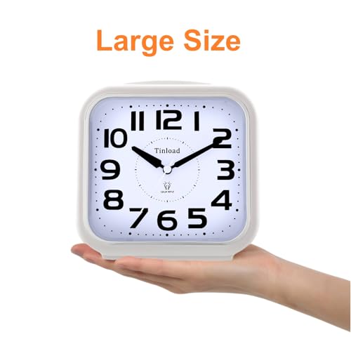 5.5" Large Analog Alarm Clock Silent Non Ticking, Gentle Wake, Beep Sounds, Increasing Volume, Battery Operated Snooze and Manual Light, Easy Set,White (Best for Elder)
