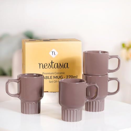 Image of Nestasia Ceramic Stackable Cups Set of 4 (270ml Each) - Fluted Bottom Tea & Coffee Cups with Glossy Finish | Microwave & Dishwasher Safe Cups - Ideal for Gifting (Taupe)