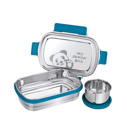 Image of PDDFALCON Stainless Steel Recta Munchy with Panda Print with 100% Leak-Proof, BIS Certified, Jindal Seal & Made in India Lunch Box - 875ml (Recta Munchy Turkish Blue, 875ml)
