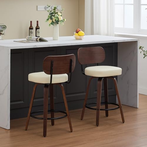 Image of YaFiti Swivel Bar Stools Set of 4, 26 inch Upholstered Faux Leather Counter Height Barstools with Walnut Back & Bentwood Legs, Mid Century Modern Bar Chairs Island Stools for Kitchen Counter, Beige PU