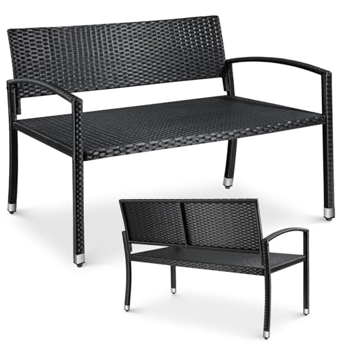 LIFERUN Rattan Garden Bench, 2 Seater Outdoor Wicker Bench with Adjustable Feet, Weatherproof PE Garden Loveseat for Patio, Balcony, Terrace, Park, 320kg Capacity, Single-Sided Rattan (Black)