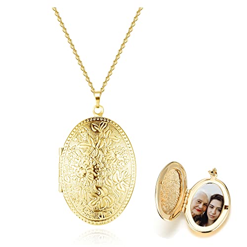 PiercingJak Collier Photo Médaillon Pendentif Ovale Ouvrant Personnalisé Gravé Fleur Vintage Porte Photo Cuivre Bijoux Cadeau Anniversaire Saint-Valentin Fête des Mères Femme Fille-Or
