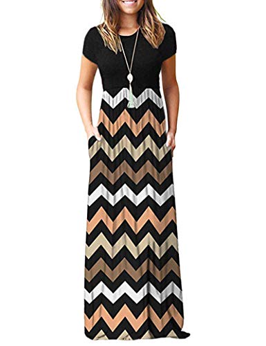 AUSELILY Mujer Verano Vestido Señorita Maxi Vestido de Manga Corta Bolsillo Rayas Negro XL