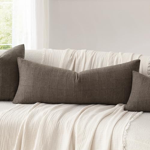 Image of Foindtower Set of 1 Decorative Linen Check Throw Pillow Cover Neutral Farmhouse Lumbar Cushion Cover Soild Modern Boho Home Decor for Sofa Chair Couch Bedroom Living Room,14x36 Inch,Dark Brown