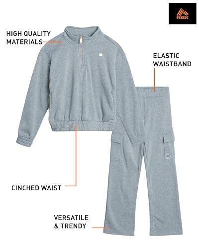 RBX Girls Sweat Set - 2 Piece 1/4 Zip Mock Neck Fleece Pullover Sweatshirt and Matching Cargo Jogger Sweatpants (7-12)2
