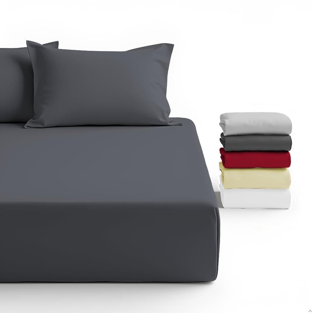 FNT 100% Brushed Microfiber Fitted Sheet, 40 cm Deep Pocket, Super Soft, Cozy, (1, Grey, Double)