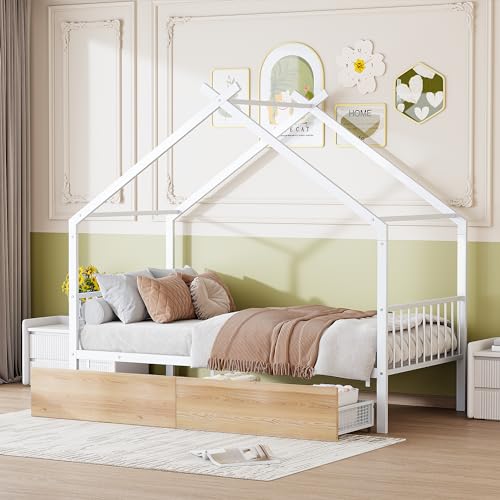 Merax Metal House Bed for Kids, Twin Size Bed Frame with Storage Drawers and Slats, Kids Bed Frame with Headboard and Footboard, Twin Size House Bed for Kids, Girls, Boys(Twin White)