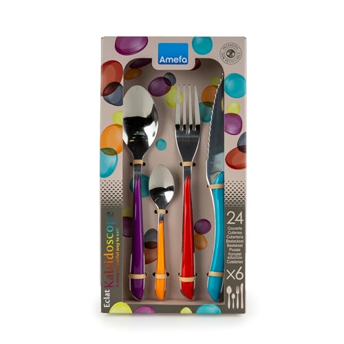 Amefa ECLAT Kaleidoscope 24 Piece Coloured Cutlery Set for 6 Stainless Steel Knives Forks Spoons Multi-Colour Handles Dishwasher Safe