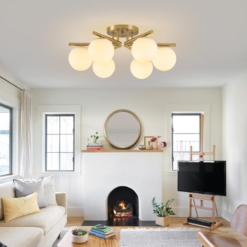 Image of 6 Lights Sputnik Ceiling Light Fixture,Semi Flush Mount Ceiling Light Sputnik with Milk Glass Globe, Brushed Brass Chandelier for Living Room, 25.98'' Large Mid Century Modern Fixture