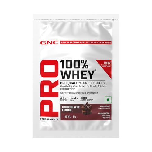 Image of GNC Pro Performance 100% Whey Protein | New Formulation | 24g Protein, 5.7g BCAAs, 12.3g EAAs | Added DigeZyme | Whey Isolate & Concentrate Blend, Low Carb (4.51g), No Added Sugar |Chocolate Fudge, 35g