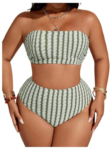 Bikini 2 pièces taille haute haut de gamme vert et rayé pour silhouette XXL