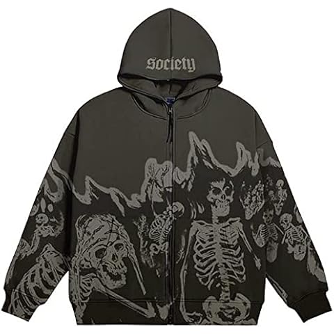 Y2K Streetwear Hoodies Full Zip Up Grunge Jacket Skeleton Oversizeed Clothes Graphic Goth Hooded Coat, Dark Gray, Medium Cover