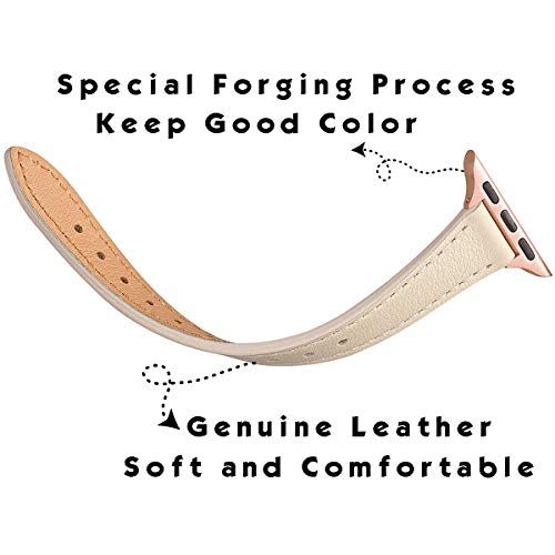 Image of STIROLL Slim Leather Bands Compatible with Apple Watch Band 38mm 40mm 41mm 42mm(Series 11 10), Top Grain Leather Watch Thin Wristband for iWatch SE 9 8 7 6 5 4 3 2 1 (Beige Rose Gold)