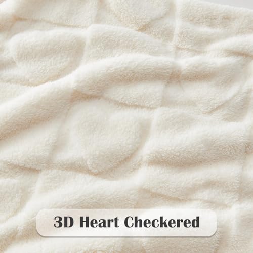NEWCOSPLAY Super Soft Throw Blanket Ivory Love Premium Silky Flannel Fleece 3D Heart Checkered Lightweight Bed Blanket All Season Use (Ivory Love, Throw(50"x70"))