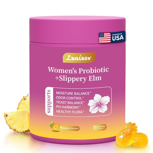 Lunivox Her Juicy Feminine Probiotics Gummies for Women with Prebiotics & Slippery Elm - Promotes pH Balance Gut Health & Immune Support - Pineapple Flavor 60 Count