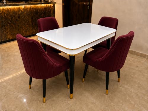 Image of WOODEN SPACE 4 Seater Wooden Dining Table Set | Urban Marble Top Dining Table with Chairs for Dining Room & Kitchen (Modern Infinity Maroon) (54 x 36 x 30 inch)