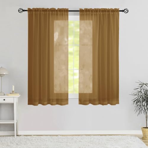 Karseteli Semi Sheer Light Brown Voile Curtains 45 Inches Long 2 Panels