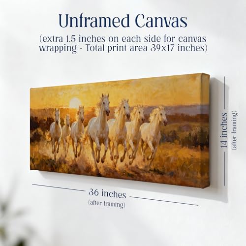Image of SoulAbiti Vastu Seven White Horses at Sunrise Unframed 36x14 inches Rolled Canvas Wall Realism Art UV Print Painting for Living Room, Bedroom & Office Decor Premium Gloss Vivid Fade-Resistant Print
