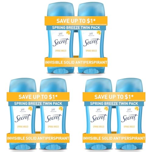 Image of Secret Antiperspirant and Deodorant for Women, 24hr Sweat & Odor Protection, PH Balanced Protection, Gentle on Skin, Invisible Solid, Spring Breeze Scent, 2.6 oz (Pack of 6)