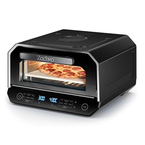 ZACHVO Pizzaofen Elektrisch, bis 450°C für 90-Sekunden-Neapolitanische Pizza, 13 Programme (6 Pizza- & 6 Kochmodi + Profi-Funktion), Doppelte Heizelemente, Pizzaschaufel & Pizzastein & Backblech