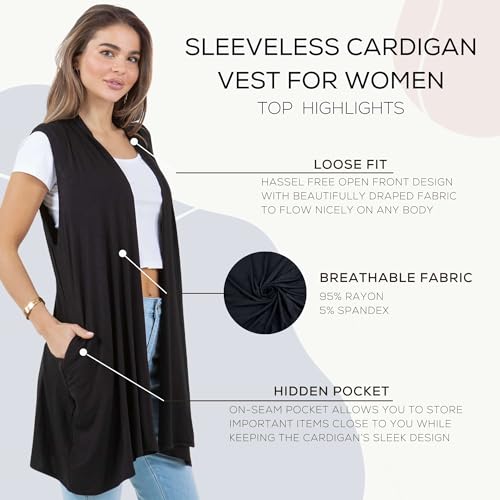 Azules Sleeveless Long Cardigans for Women with Side Pockets - Summer Vest Open Front Light Women's Cardigan Dressy Blazer4