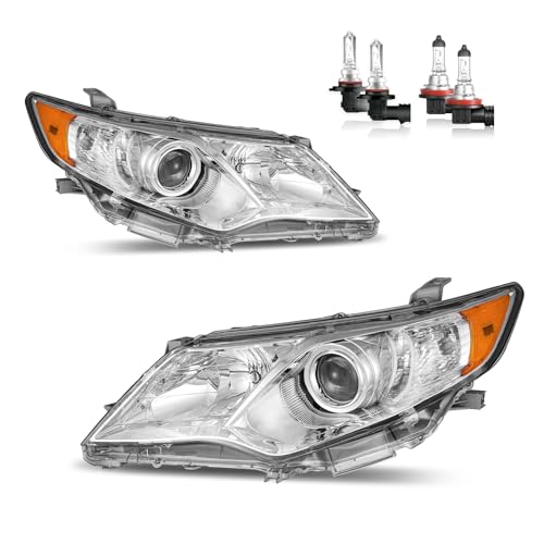 KarSpareHub Headlights for 2012 2013 2014 Toyota Camry L/Se/Le/Xle/Hybrid Headlamp Replacement Chrome Housing Amber Reflector Driver & Passenger Side