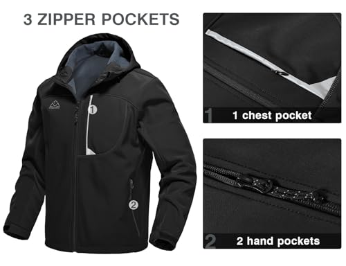 Rdruko Men's Outdoor Softshell Jacket Full Zip Fleece Lined Waterproof Hiking Climbing Hooded Jacket, 01 Black, Large - Image 4