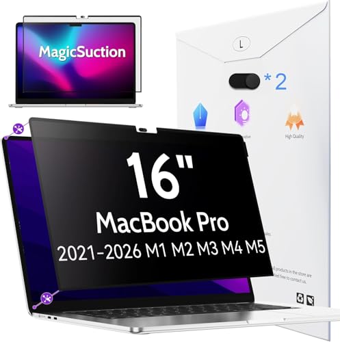 Image of Peslv Privacy Screen for MacBook Pro 16 Inch (2021-2026, M1, M2, M3, M4, M5), MagicSuction Removable Anti Spy Black Protector, Glare Blue Light Filter for Mac Laptop Computer