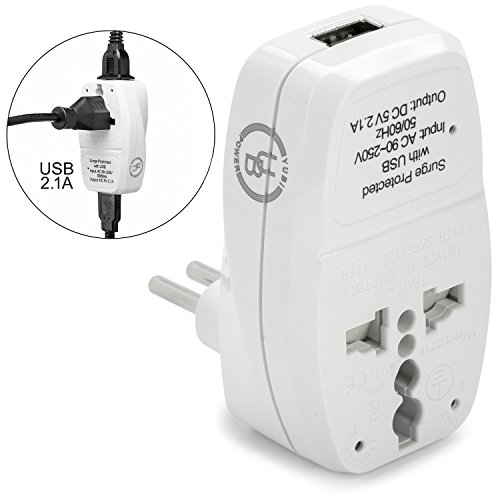 Yubi Power 3 in 1 Universal Travel Adapter with 2 Universal Outlets and 1 USB 2.1A Port - Built in Surge Protector and Light Indicator - Type L for Chile, Ethiopia, Italy, Lybia, Syria, Tunisia, & Uruguay